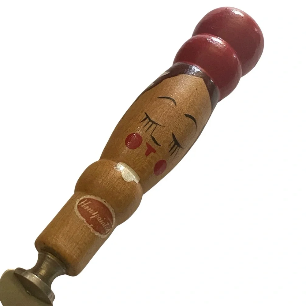 Vintage 40s 50s Hand Painted Face Lady Fillet Knife Kitchen Utensil Red Wood